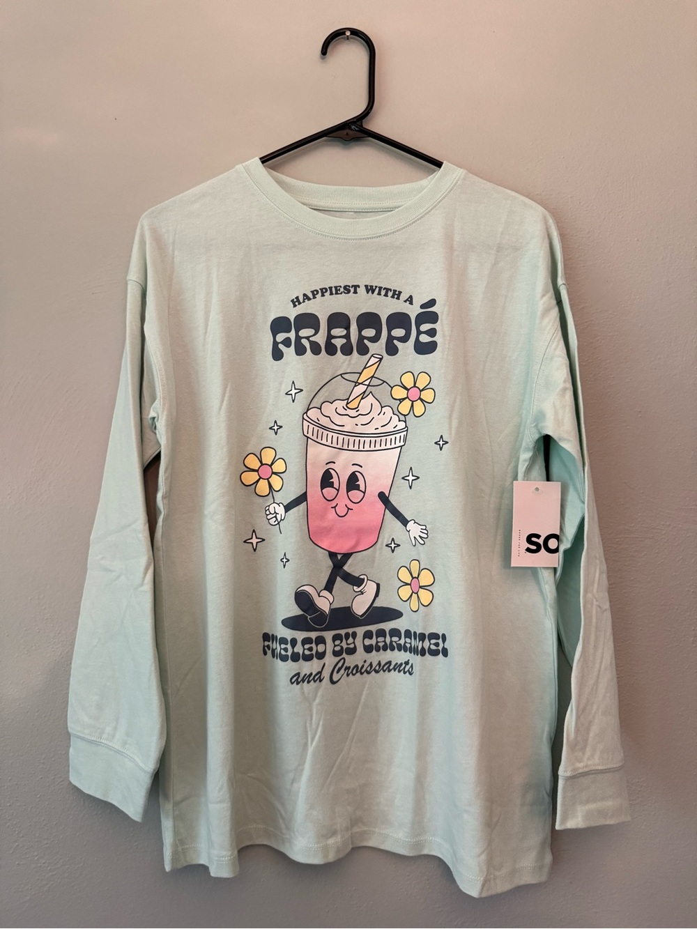 SO Mint Green Long Sleeve Tee with Pink Frappe Graphic